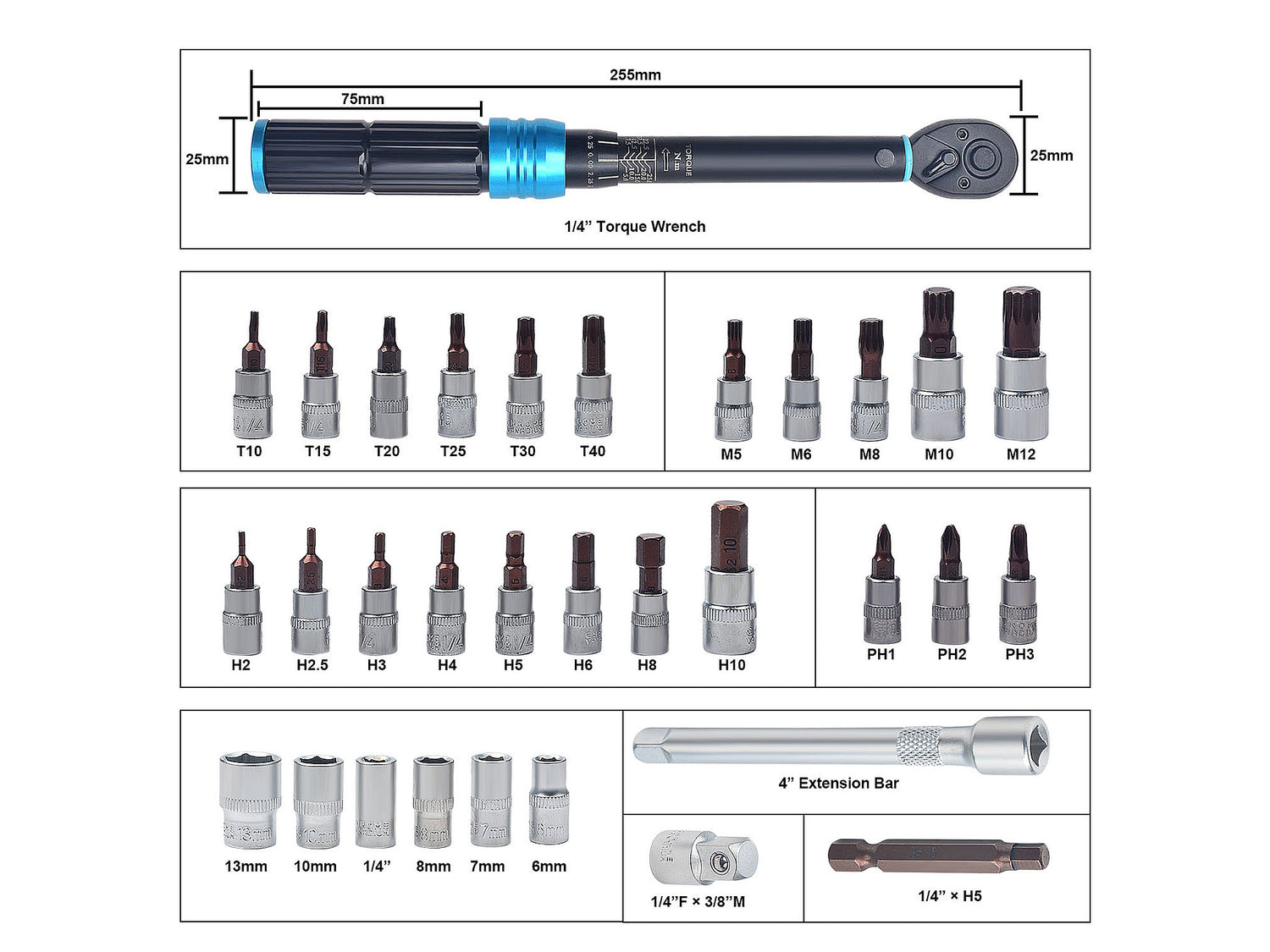 Drehmomentschlüssel Set 1/4 Zoll 5–25 Nm – 32-teilig | B7-8512
