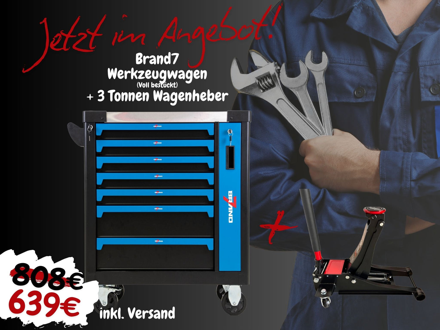 Jetzt im Angebot: Brand7 Werkzeugwagen (voll bestückt) + 3 Tonnen Wagenheber