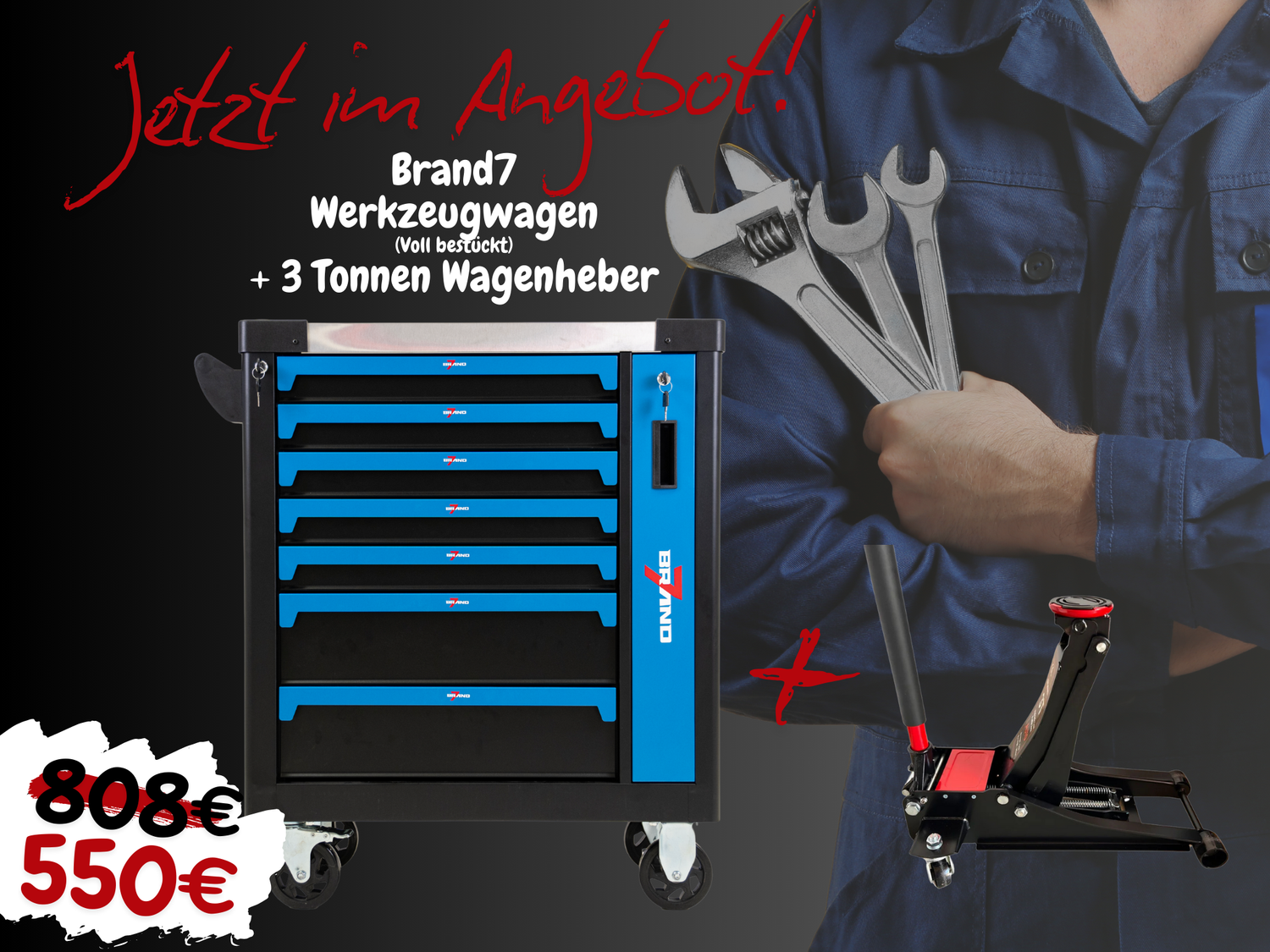 Jetzt im Angebot: Brand7 Werkzeugwagen (voll bestückt) + 3 Tonnen Wagenheber