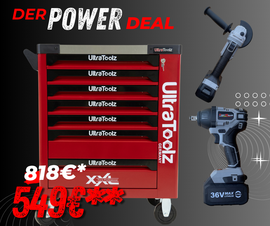 Werkstattwagen mit Akku-Schlagschrauber, Winkelschleifer & 2 Akkus – Profi-Komplettset für Werkstatt & Garage