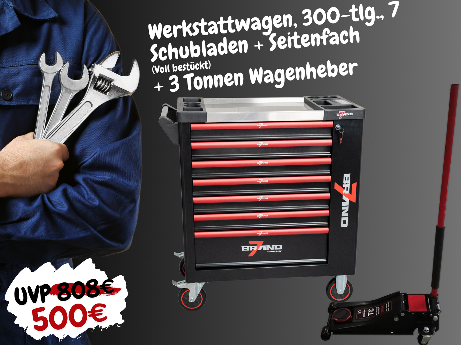 Werkstattwagen, 300-tlg., 7 Schubladen + Seitenfach (Voll bestückt) + 3 Tonnen Wagenheber