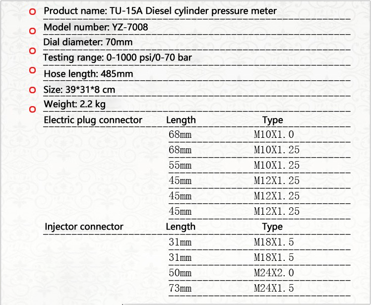 Kraftstoffdruckprüfer TU-114 für Benzinmotoren & Einspritzsysteme inkl. Adapter-Set | YZ-7008