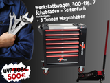 Werkstattwagen, 300-tlg., 7 Schubladen + Seitenfach (Voll bestückt) + 3 Tonnen Wagenheber