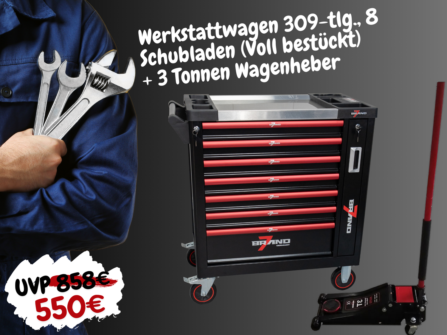 Werkstattwagen 309-tlg., 8 Schubladen (Voll bestückt) + 3 Tonnen Wagenheber